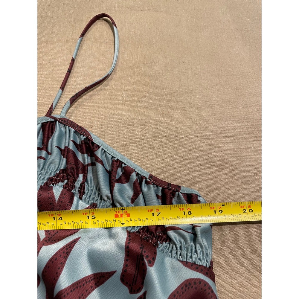 Anthropologie Maxi Slip Dress Size 1X Mint Green Brown Botanical Satin Leg Slit - Picture 7 of 14